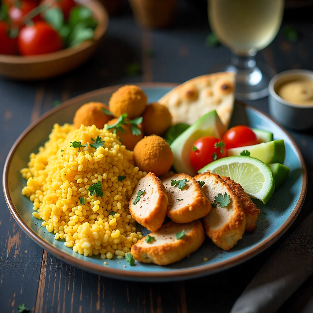 Mezza Mediterranean Grille Mixed Platter with Chicken, Falafel, and Rice